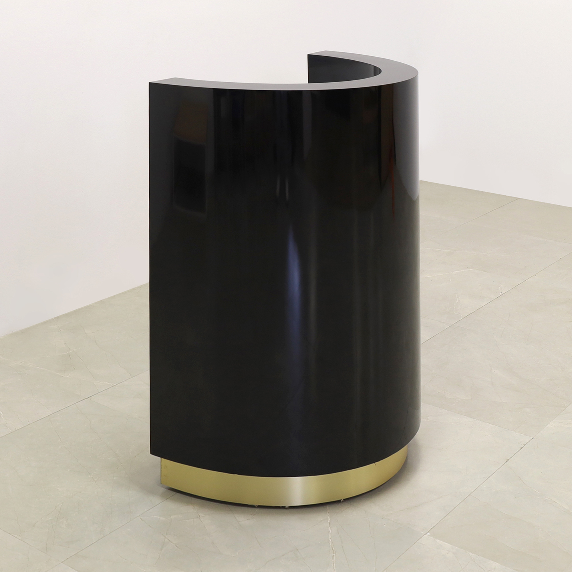 32-inch Lima Round Podium & Host Custom Desk in black gloss laminate desk and gold aluminum toe-kick, shown here.