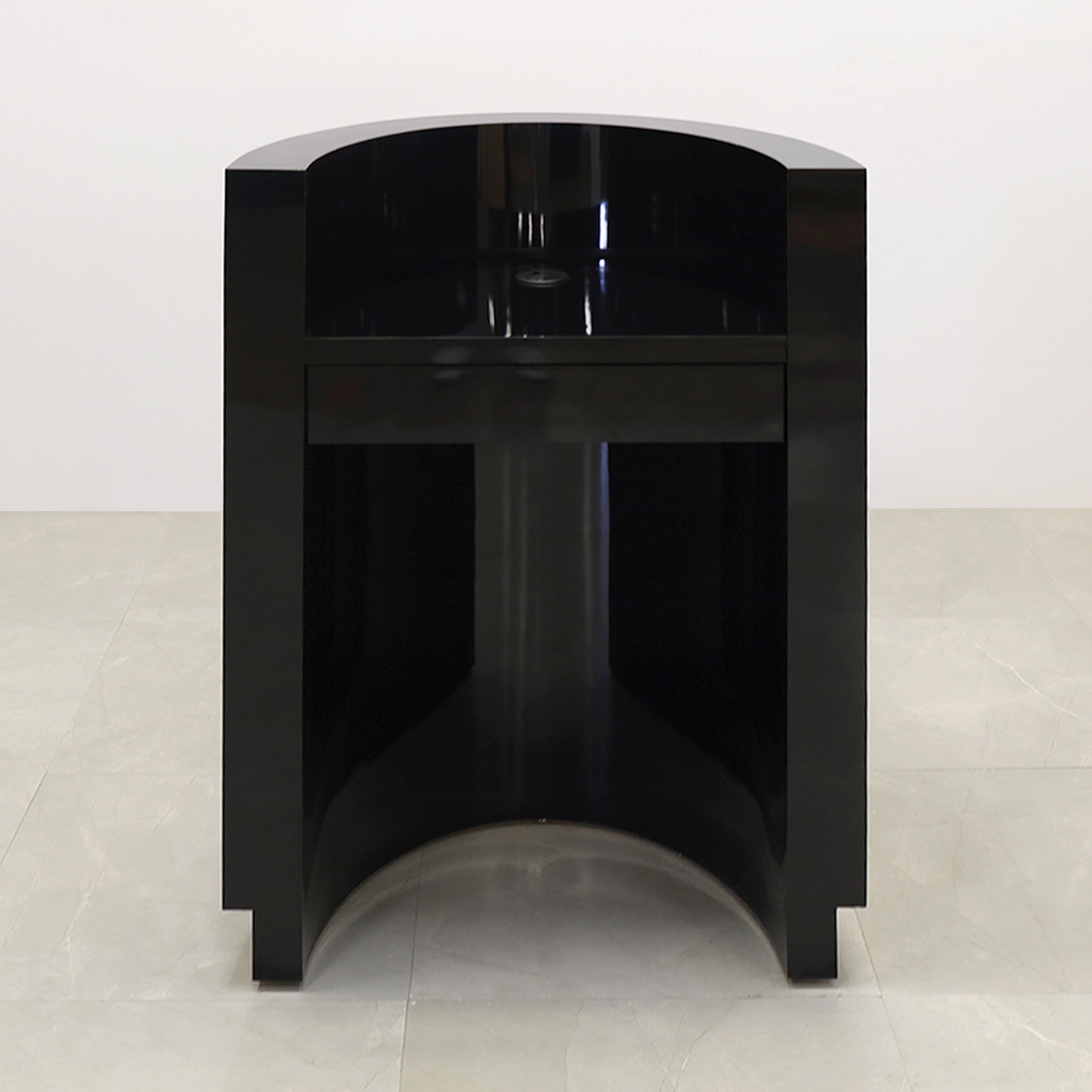32-inch Lima Round Podium & Host Custom Desk in black gloss laminate desk and gold aluminum toe-kick, shown here.