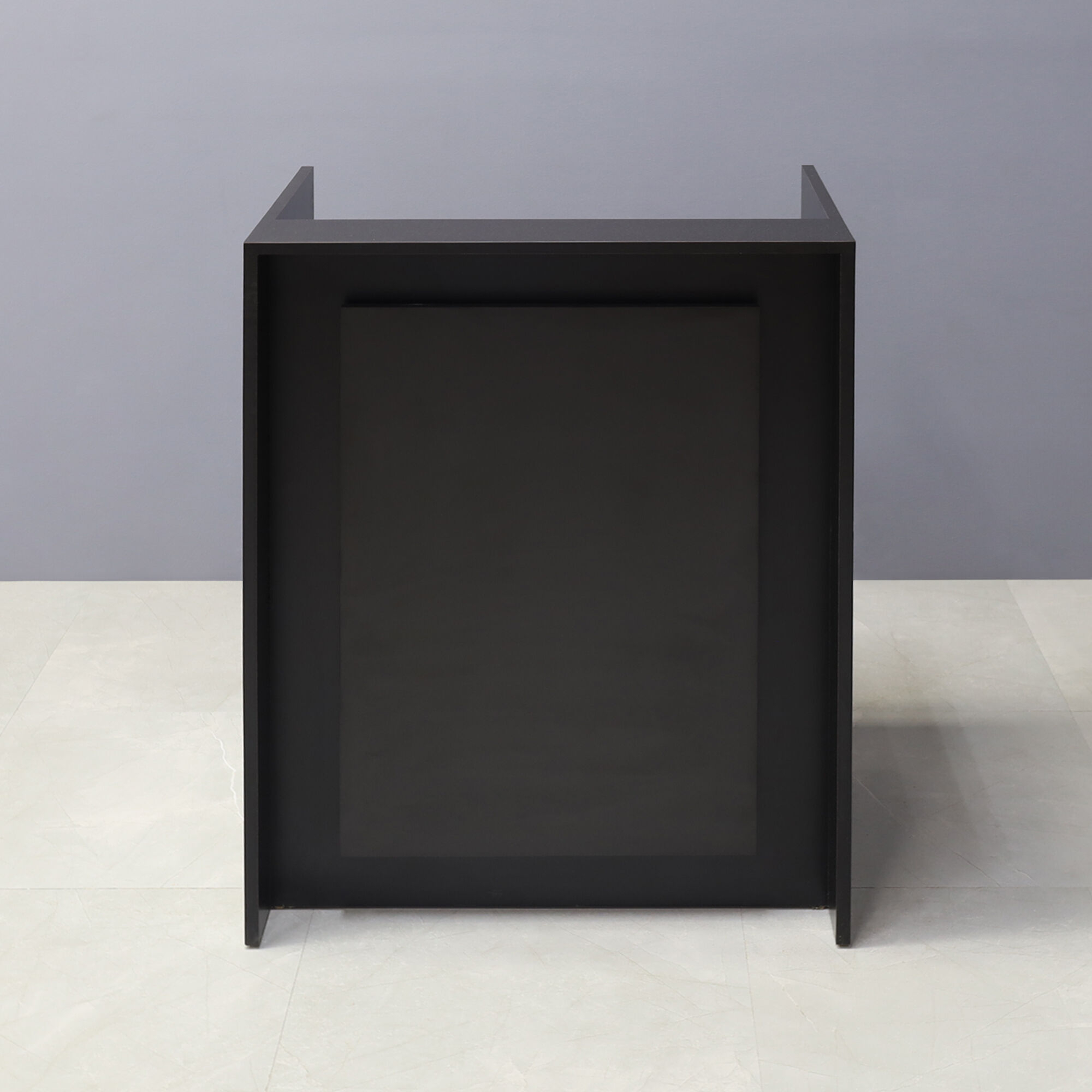 32-inch New York U-Shape Podium & Host Custom Desk in black matte laminate desk and front panel, shown here.