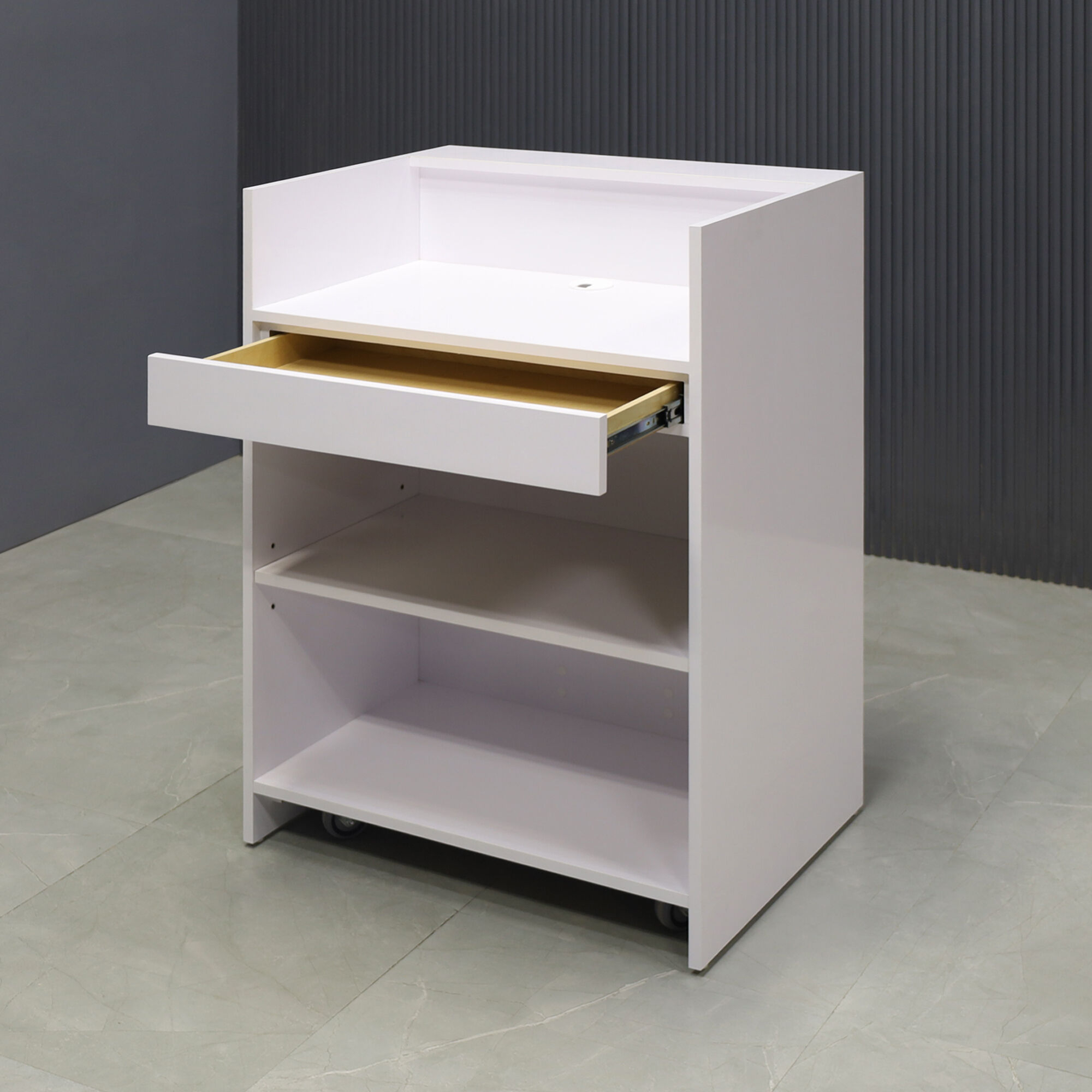 32-inch New York U-Shape Podium & Host Custom Desk in white gloss laminate desk and front panel, with multi-colored LED shown, here.