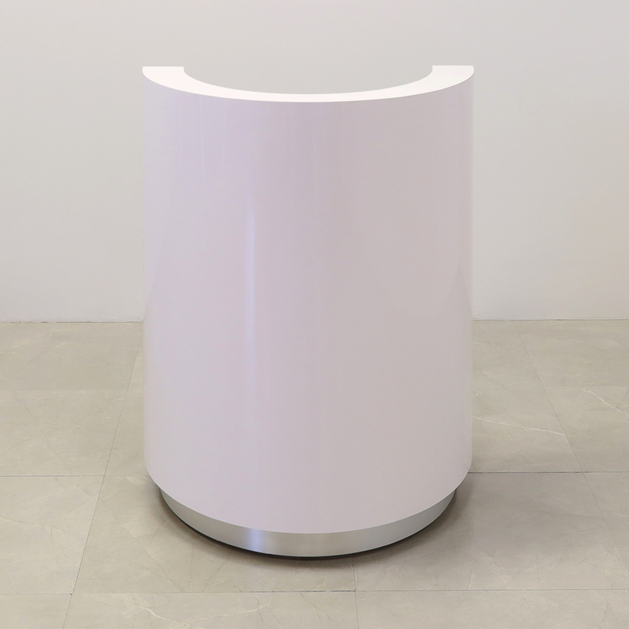32-inch Lima Round Podium & Host Custom Desk in white gloss laminate desk and brushed aluminum toe-kick, shown here.