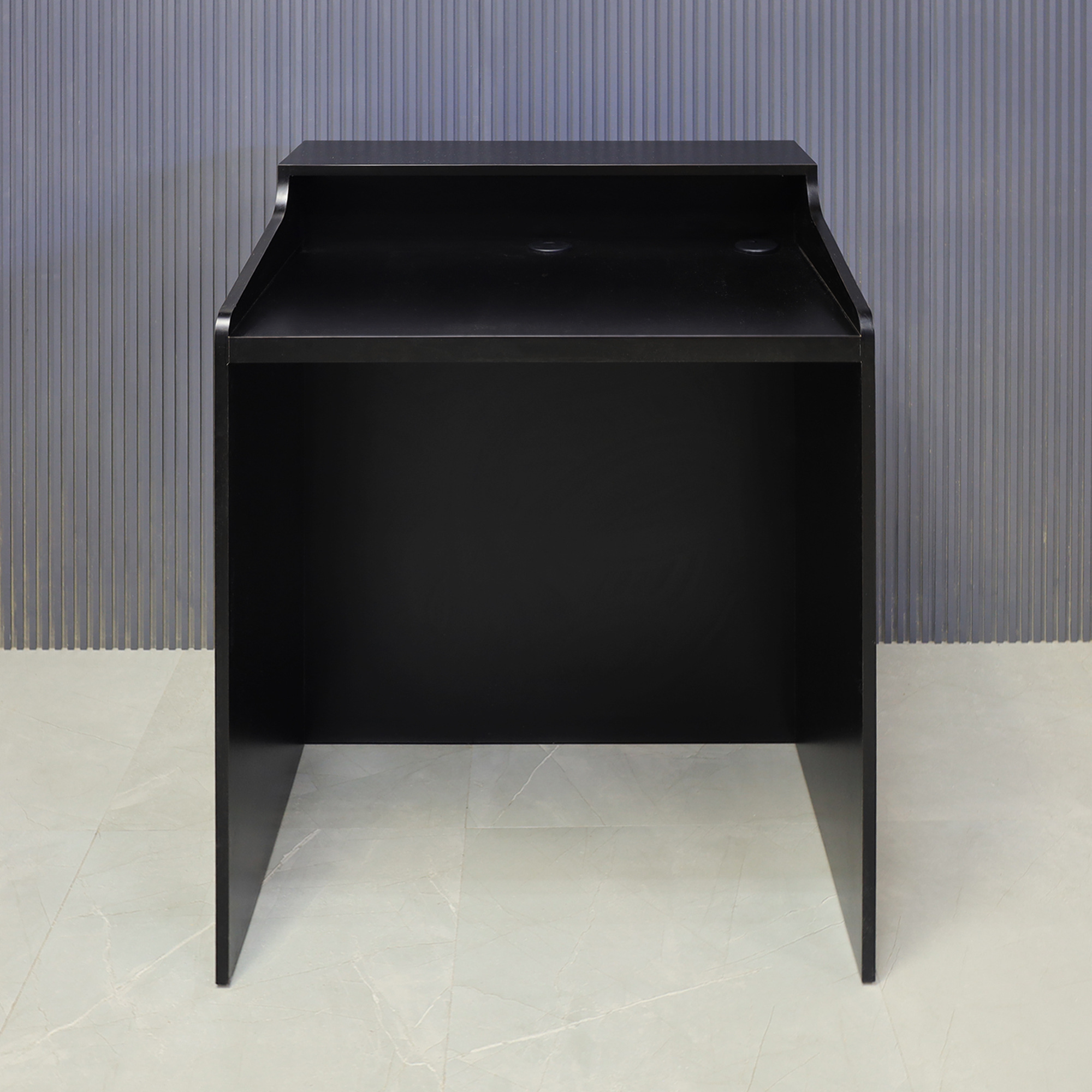 36-inch New Jersey Podium & Host Custom Reception Desk in black matte laminate main desk and front panels and brushed aluminum accent & toe-kick, shown here.