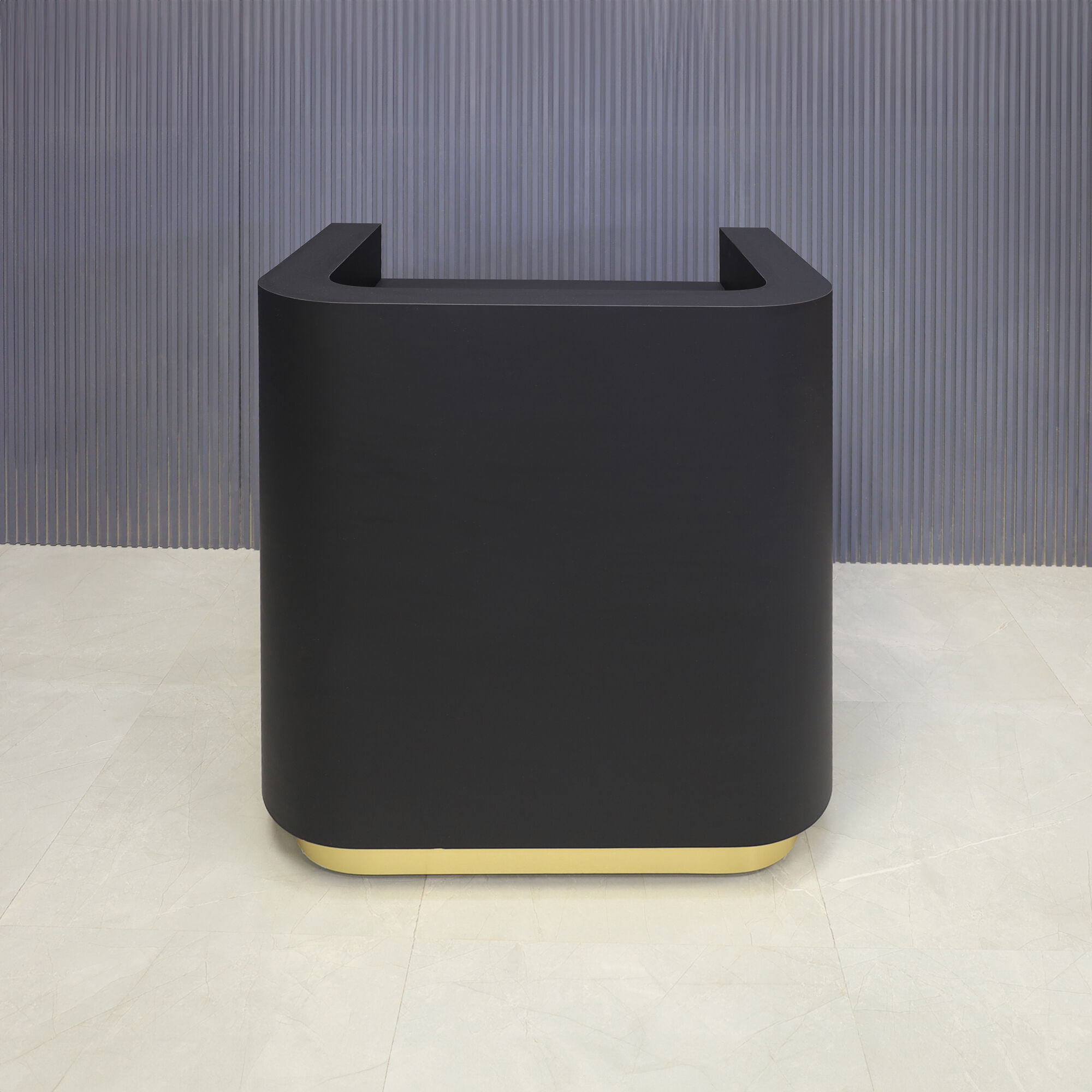 36-inch Nola Podium & Host in black traceless laminate main desk and brushed gold toe-kick, shown here.