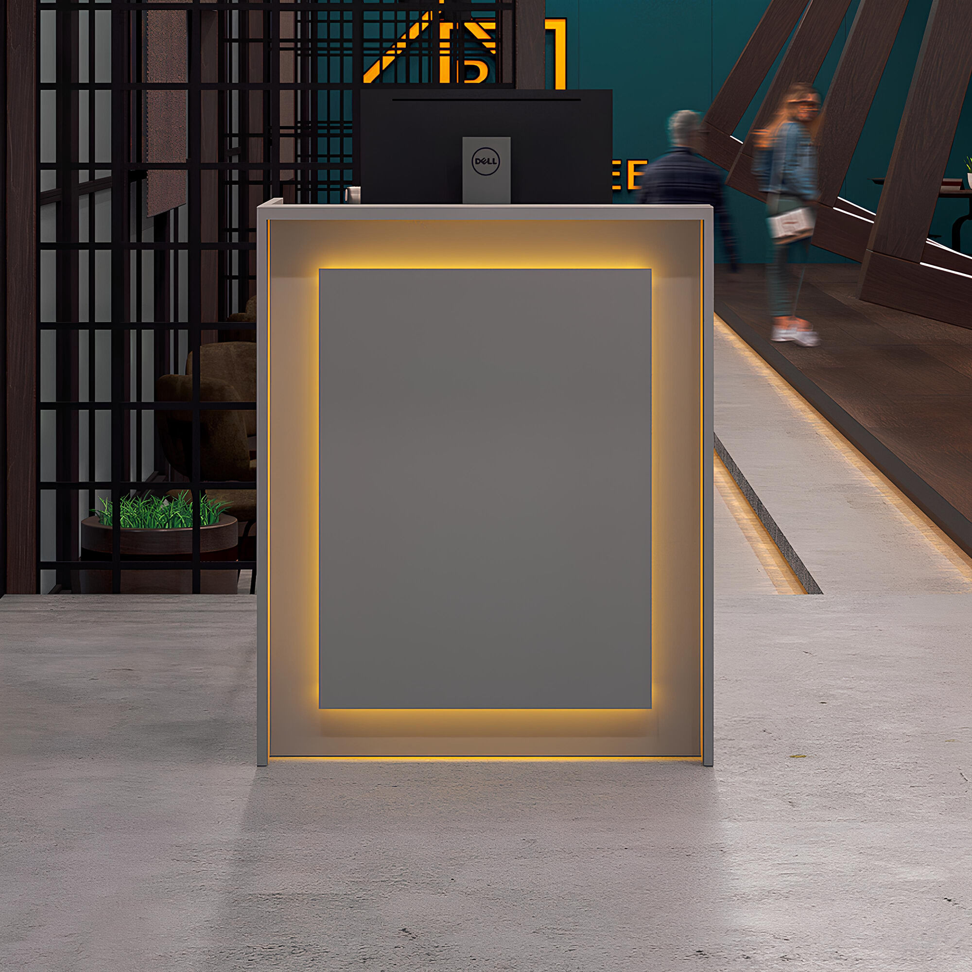 36-inch New York U-Shape Podium & Host Custom Desk in fog gray matte laminate desk, with Color LED, shown here.