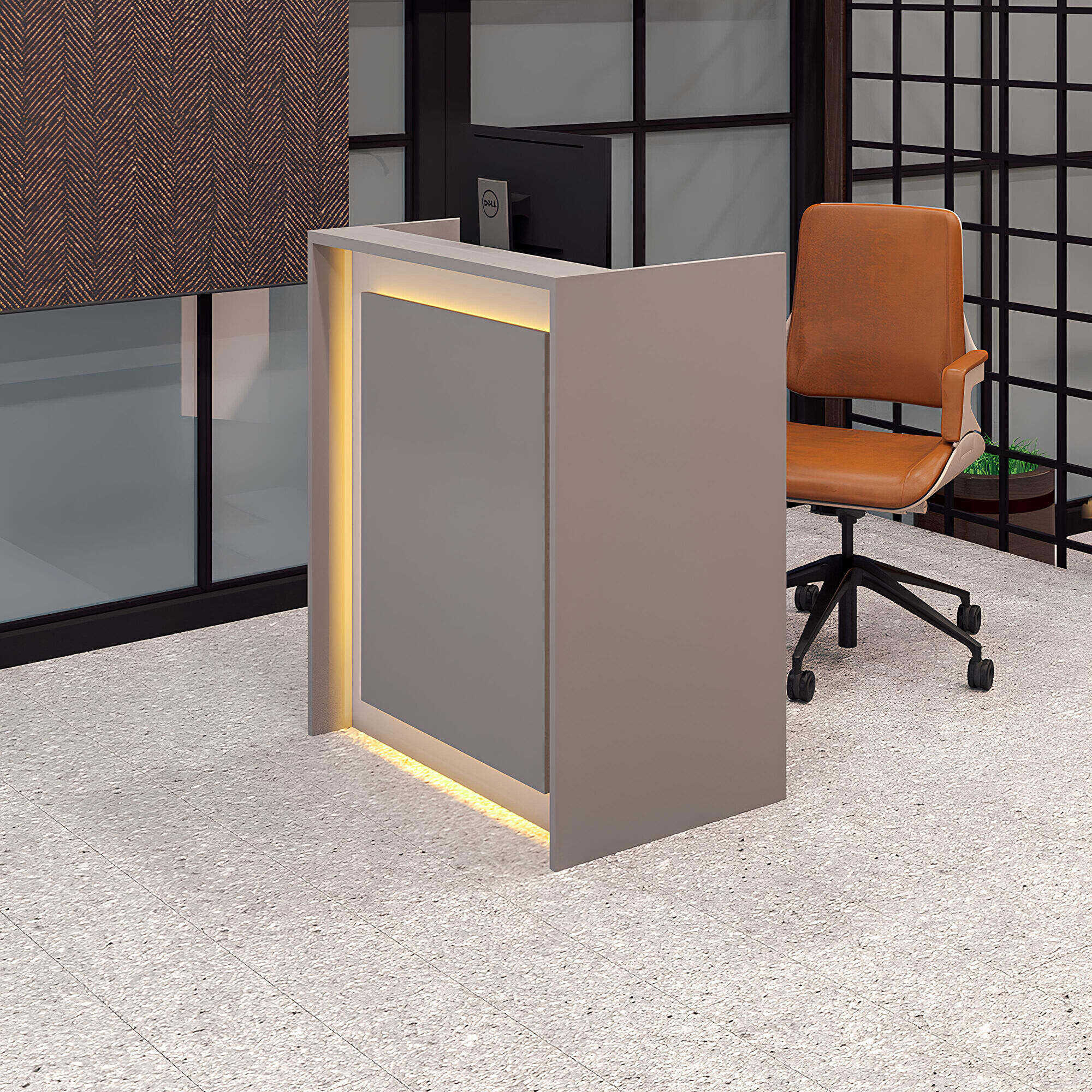36-inch New York U-Shape Podium & Host Custom Desk in fog gray matte laminate desk, with Color LED, shown here.