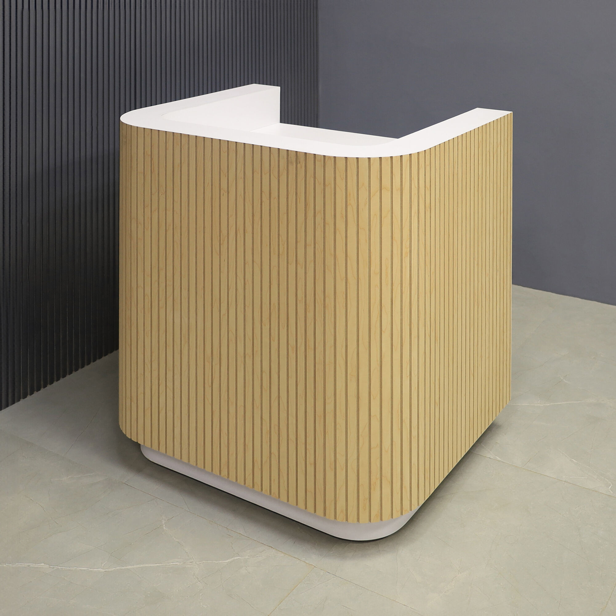 36-inch Nola Podium & Host Custom Desk in maple veneer main desk, white matte laminate workspace and toe-kick, shown here.