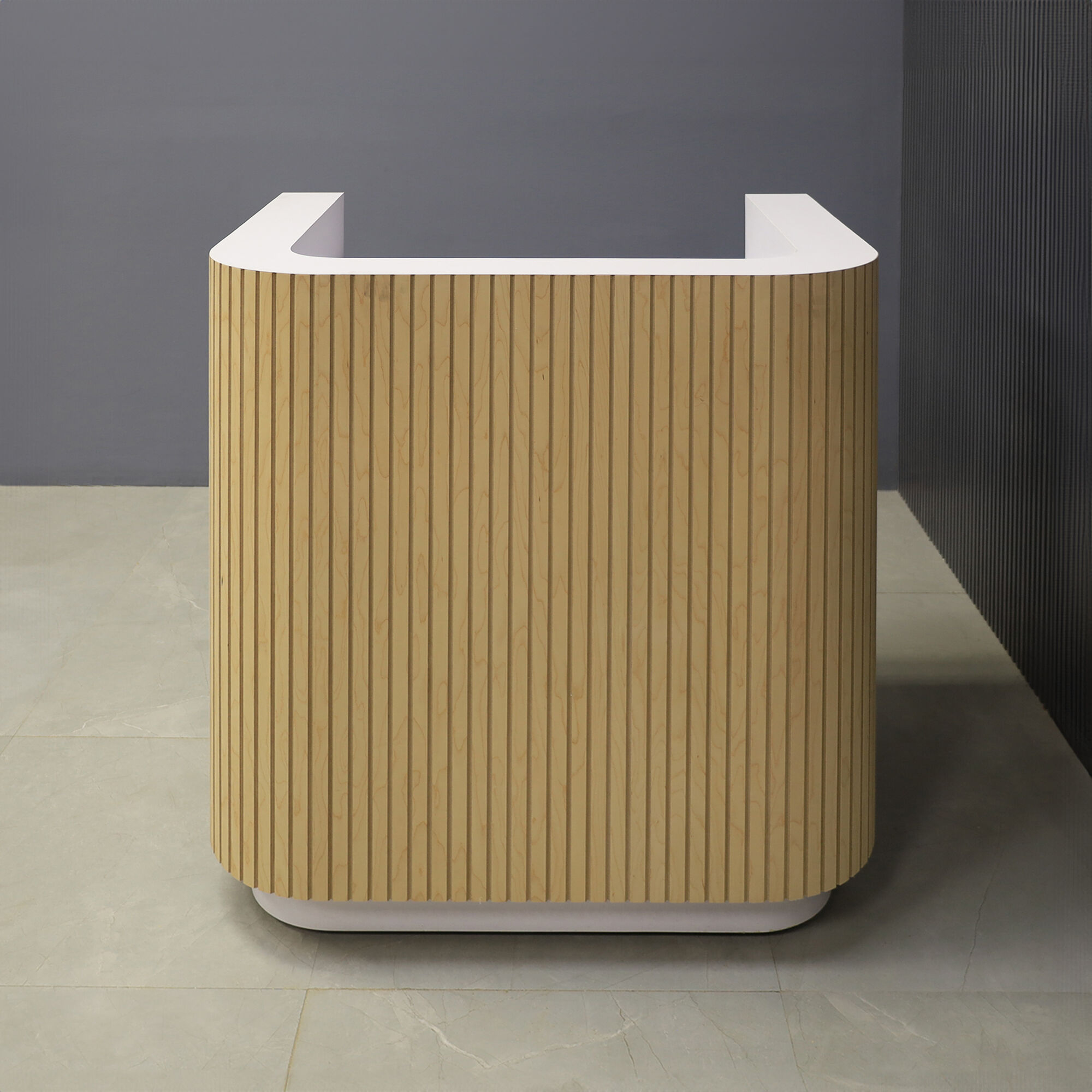 36-inch Nola Podium & Host Custom Desk in maple veneer main desk, white matte laminate workspace and toe-kick, shown here.