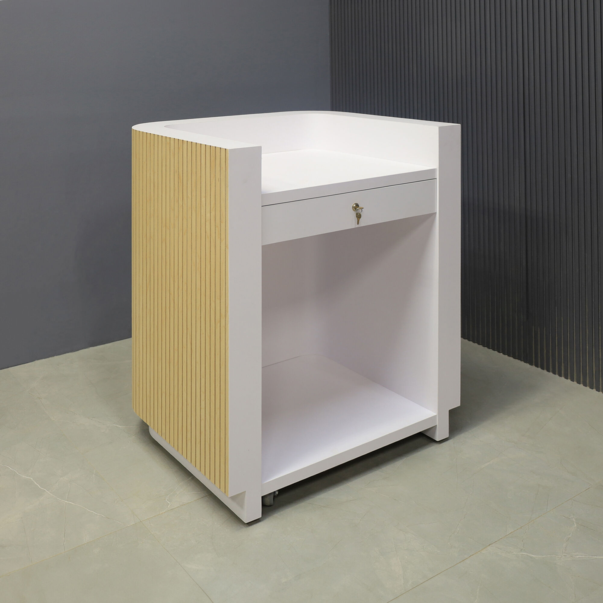36-inch Nola Podium & Host Custom Desk in maple veneer main desk, white matte laminate workspace and toe-kick, shown here.