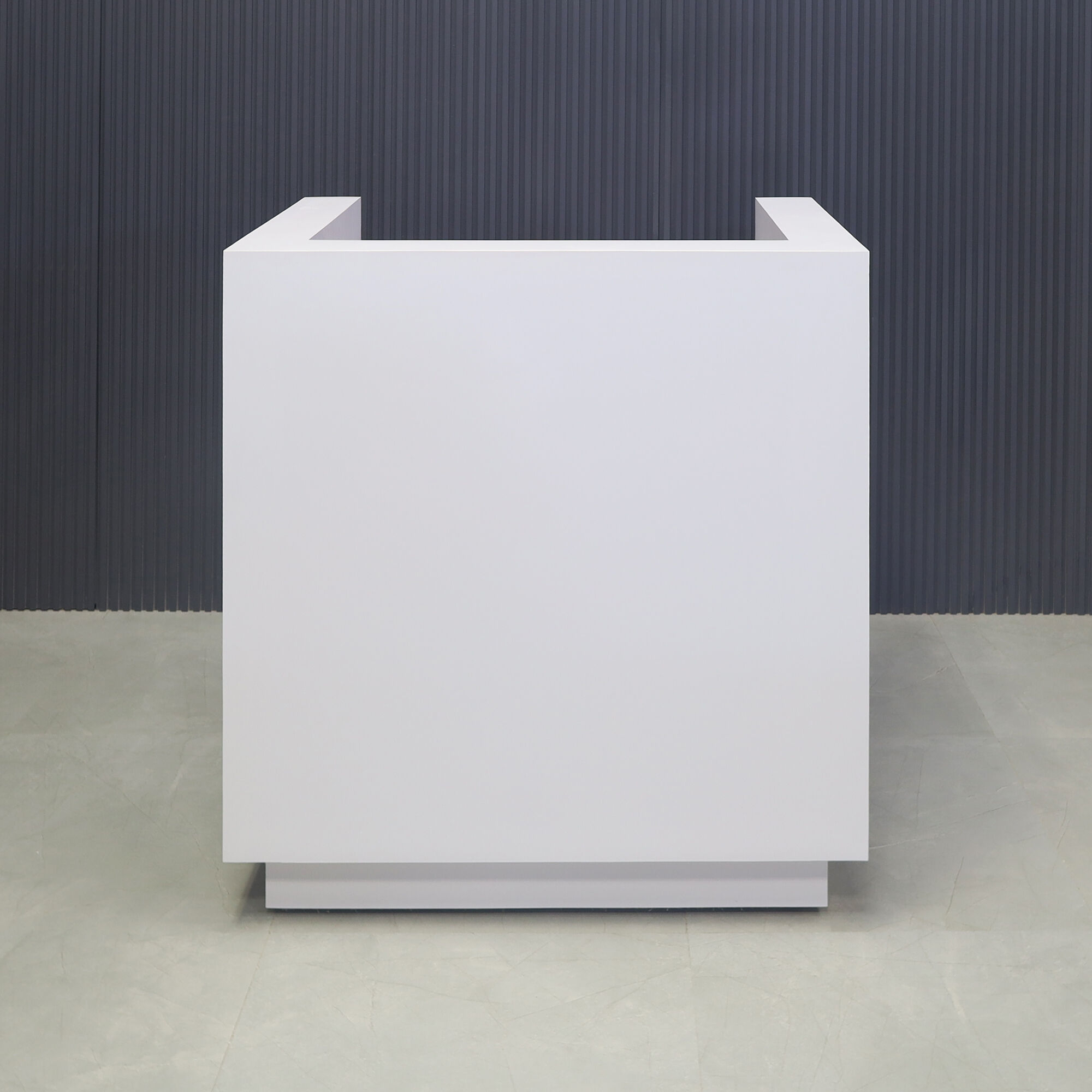 36-inch Dallas U-Shape Podium & Host in white matte laminate desk and toe-kick, shown here.