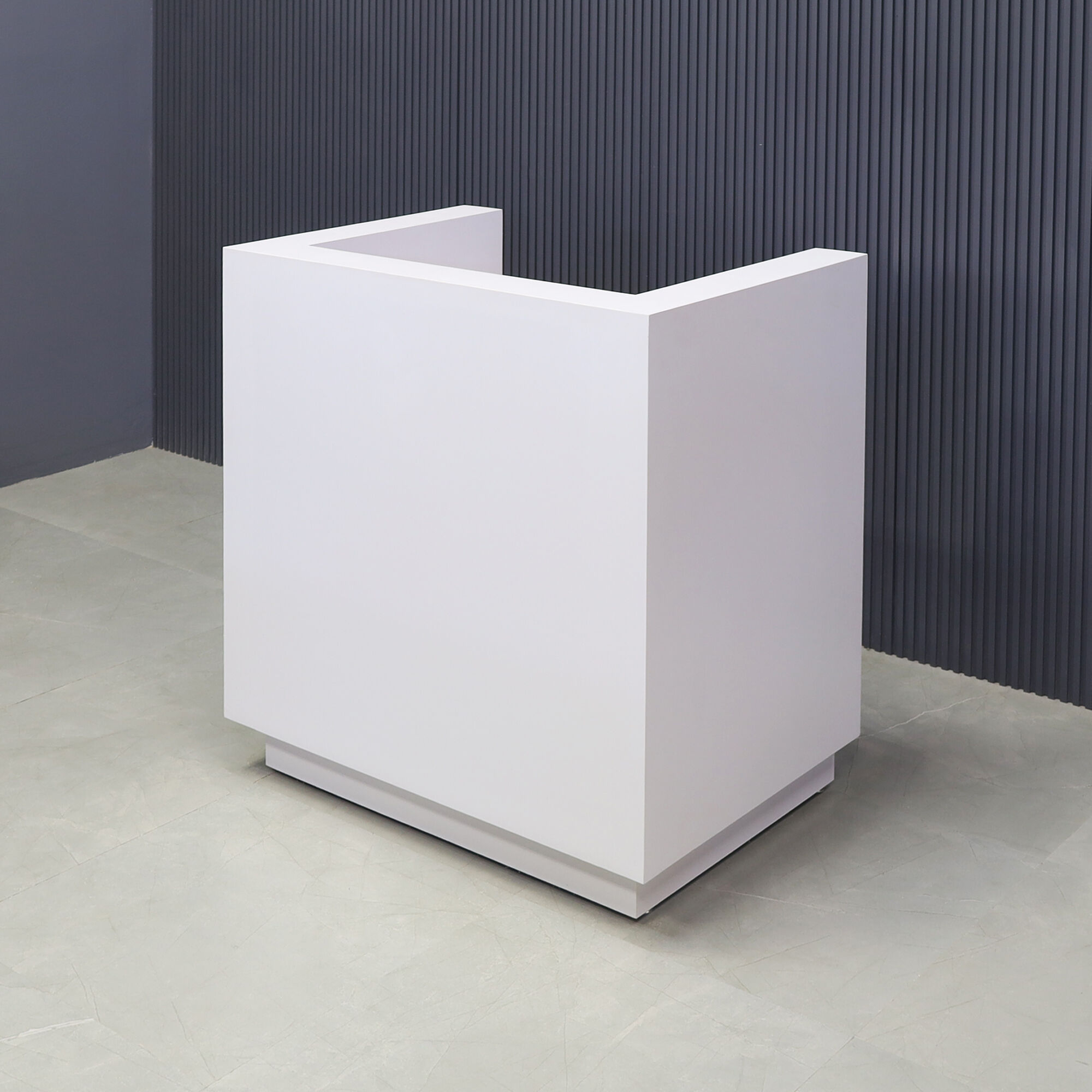 36-inch Dallas U-Shape Podium & Host in white matte laminate desk and toe-kick, shown here.