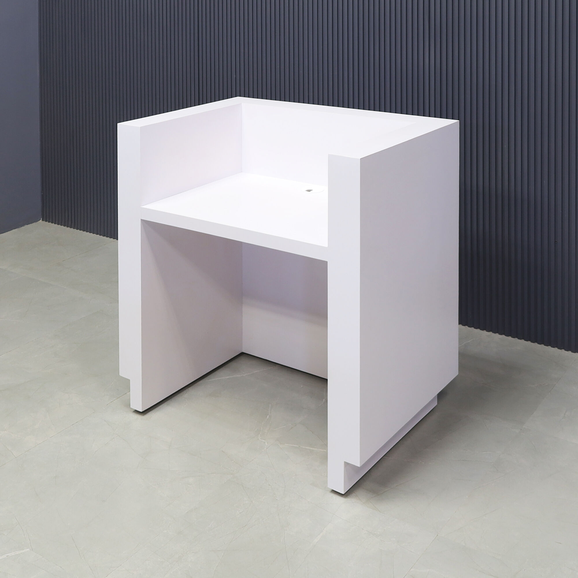 36-inch Dallas U-Shape Podium & Host in white matte laminate desk and toe-kick, shown here.