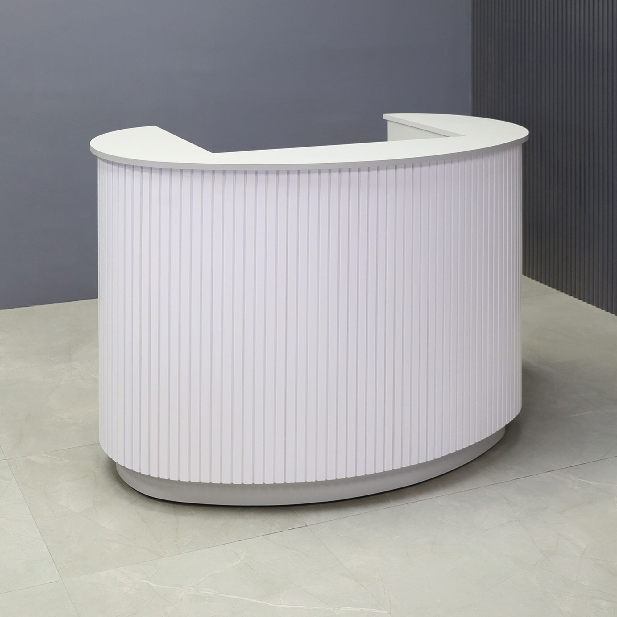 48-inch The Pill Podium & Host Custom Desk infolkstone gray matte laminate top counter, workspace and toe-kick, with white tambour front desk, shown here.