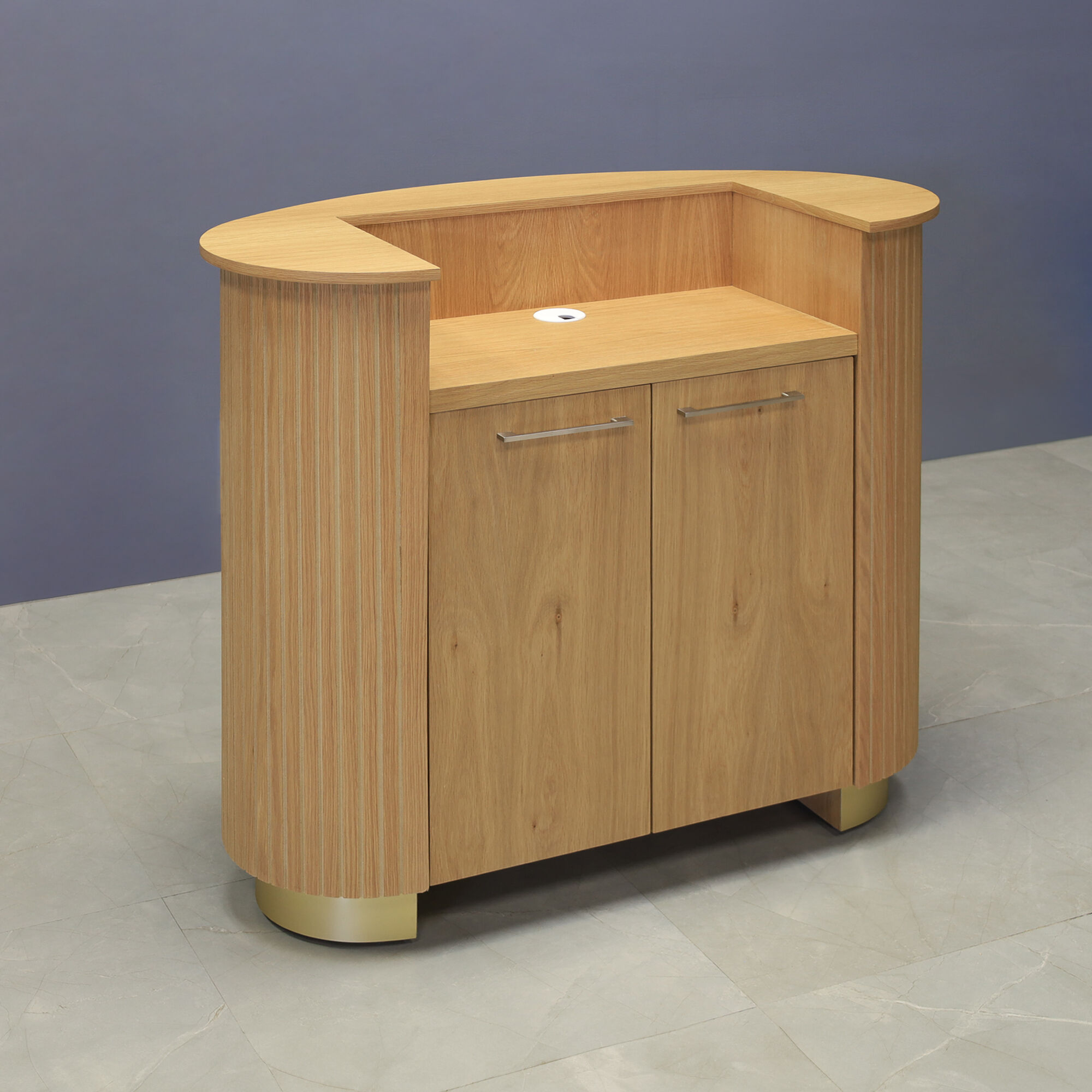 48-inch The Pill Podium & Host Custom Desk in white oak veneer top, front desk and workspace, with gold aluminum toe-kick, shown here.